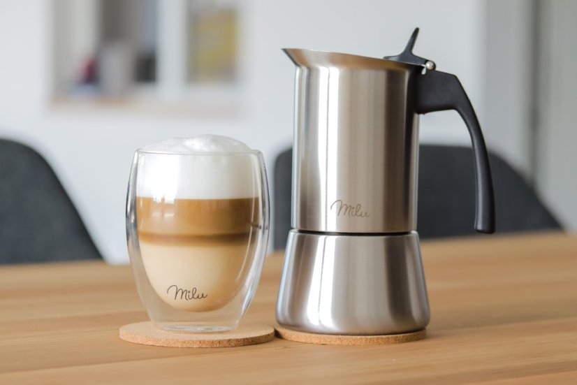 Moka konvička na všetky typy varičov vrátane indukcie – antikorová oceľ – na 9 šálok (450 ml) – čierne madlo