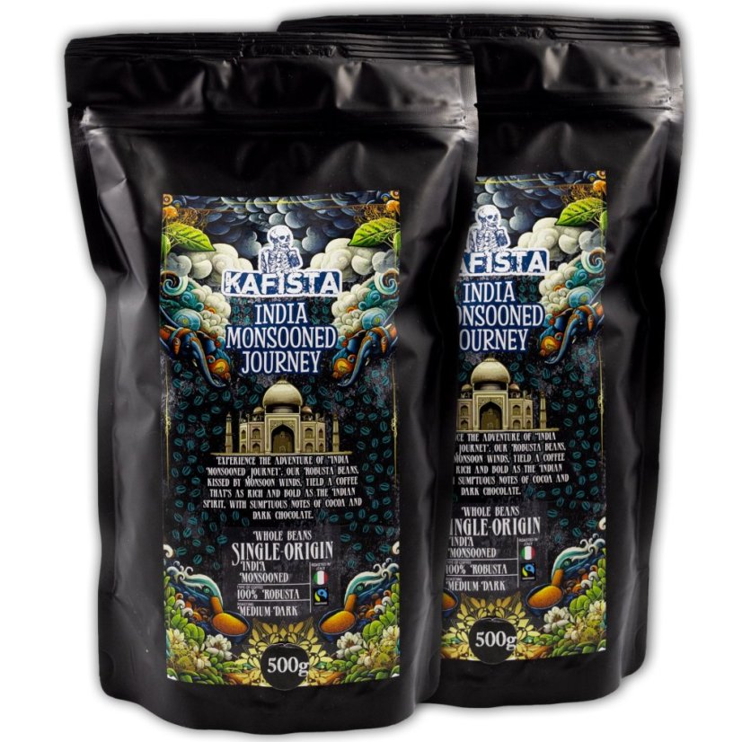 Zrnková káva "India Monsooned Journey" - zpracování monzunováním - 100% Robusta - Fairtrade - vhodné na espresso a plně automatické kávovary – foto 5