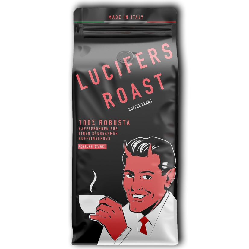 Zrnková káva LUCIFERS ROAST velmi silná káva s nízkou kyselostí 500g, 100% Robusta