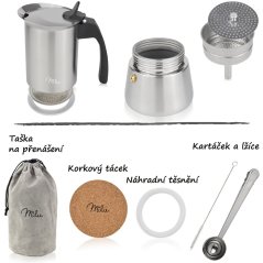 Moka konvička na všechny typy vařičů včetně indukce - nerezová ocel - na 6 šálků(300ml) - černé madlo – foto 2