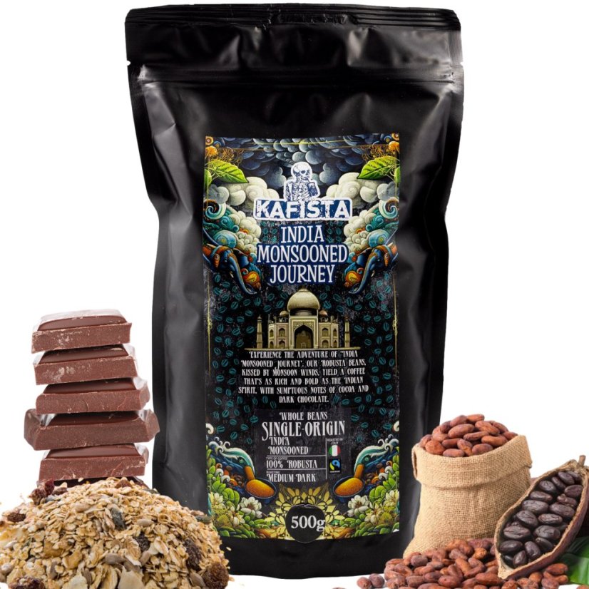 Zrnková káva "India Monsooned Journey" - zpracování monzunováním - 100% Robusta - Fairtrade - vhodné na espresso a plně automatické kávovary - Množství: 500g