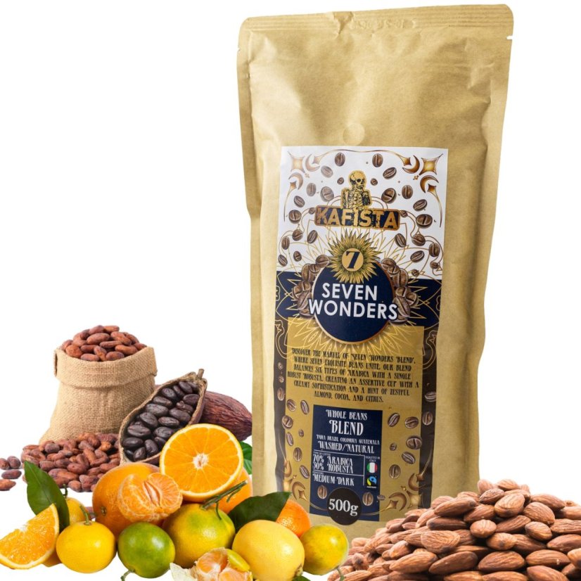 Zrnková Káva "Seven Wonders" - Espresso Směs 70% Arabica, 30% Robusta, Fairtrade - Množství: 500g
