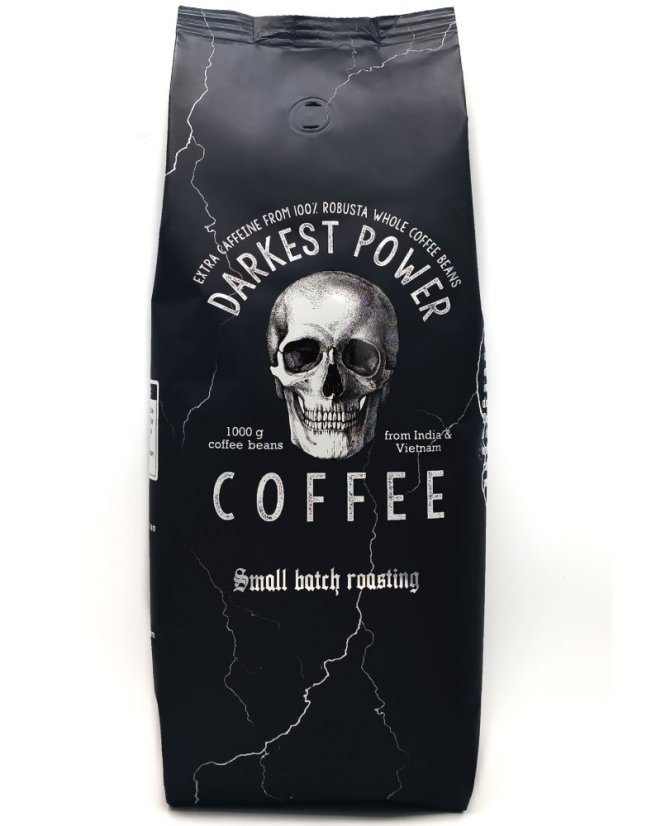 Zrnková káva Darkest Power | Espresso 100% Robusta | hodně kofeinu, málo kyselin | Silná crema, celá zrna | 1000g