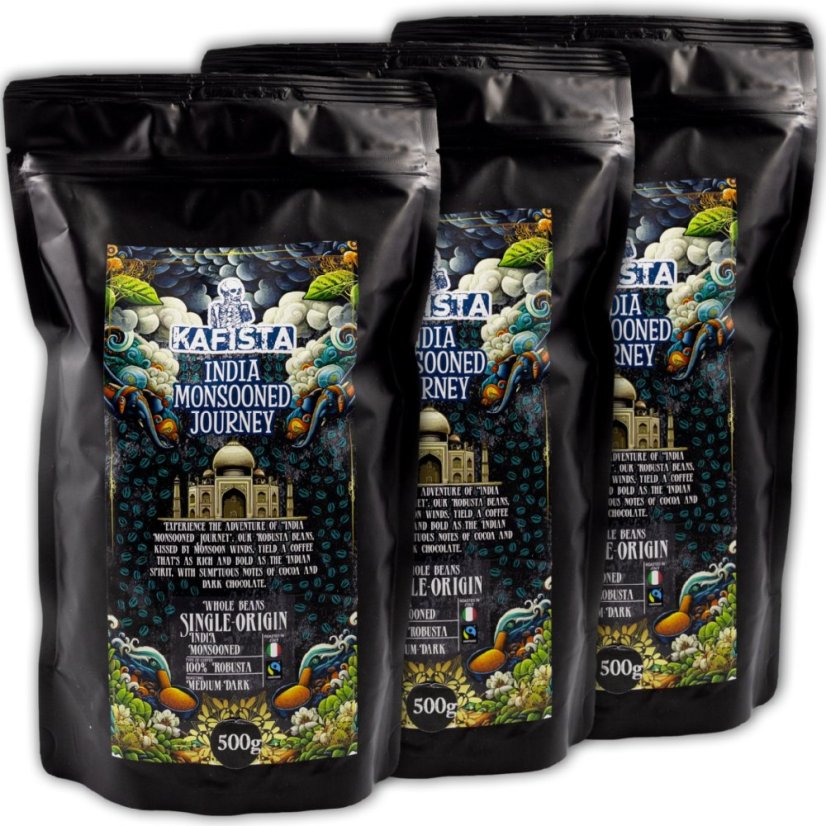 Zrnková káva "India Monsooned Journey" - zpracování monzunováním - 100% Robusta - Fairtrade - vhodné na espresso a plně automatické kávovary – foto 6