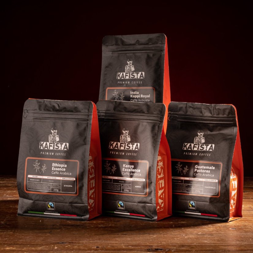 Balíček 4x250g - Single origin kávy pražené v Itálii, zrnková káva Fiartrade