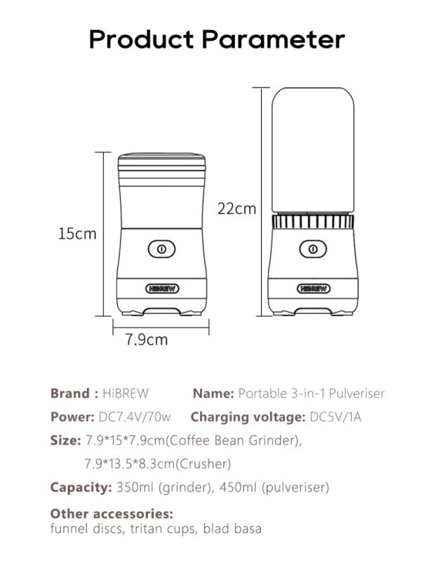 Přenosný elektrický mlýnek na kávu HiBREW 3v1 2000mAh G2