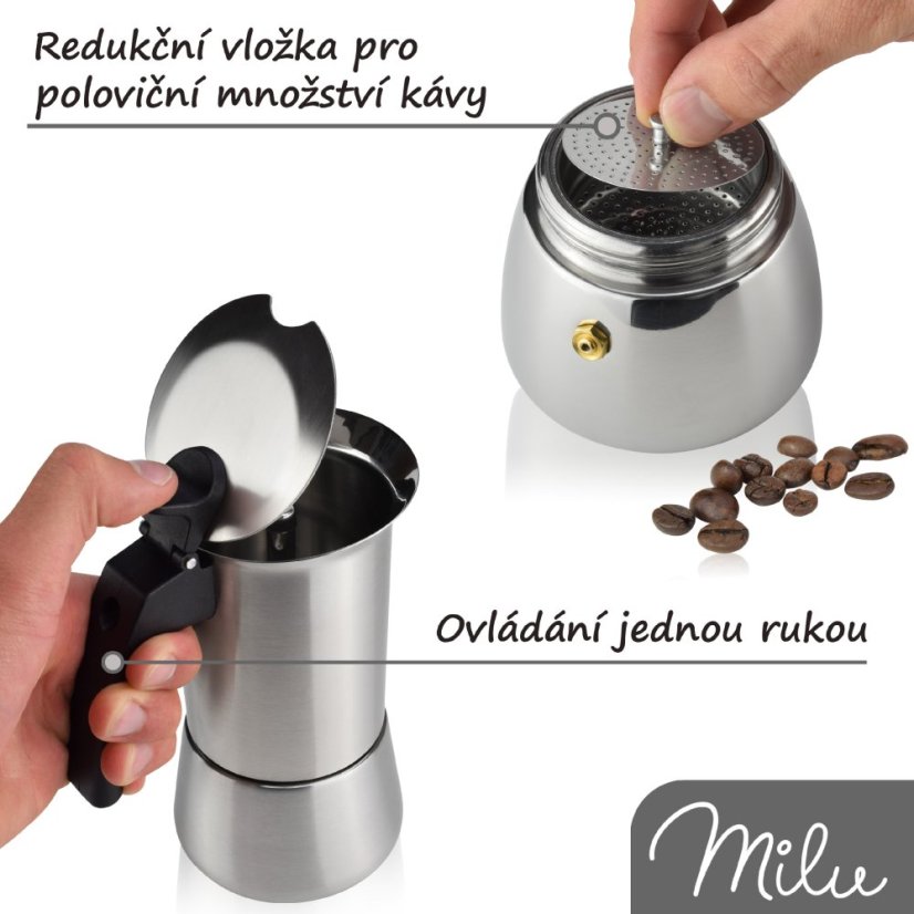 Moka konvička na všechny typy vařičů včetně indukce - nerezová ocel - na 4 šálky(200ml) - černé madlo – foto 7