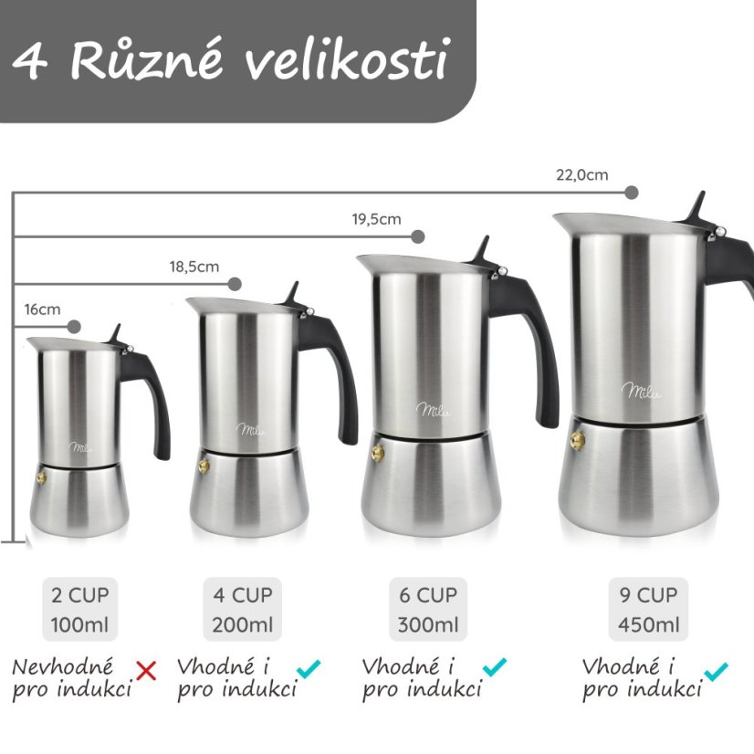 Moka konvička na všetky typy varičov vrátane indukcie – antikorová oceľ – na 9 šálok (450 ml) – čierne madlo