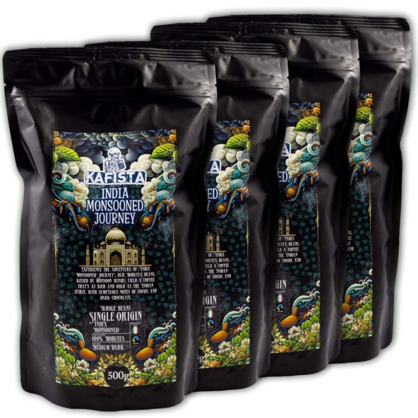 Zrnková káva "India Monsooned Journey" - zpracování monzunováním - 100% Robusta - Fairtrade - vhodné na espresso a plně automatické kávovary – foto 7