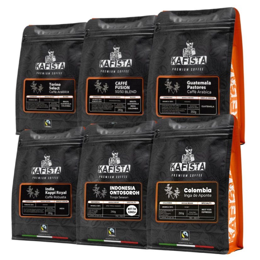 Espresso pack 6x250g - Zrnková káva, Praženo v Itálii, Fiartrade, SCA (na esresso a automatické kávovary))