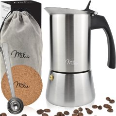 Moka konvička na všechny typy vařičů včetně indukce - nerezová ocel - na 6 šálků(300ml) - černé madlo