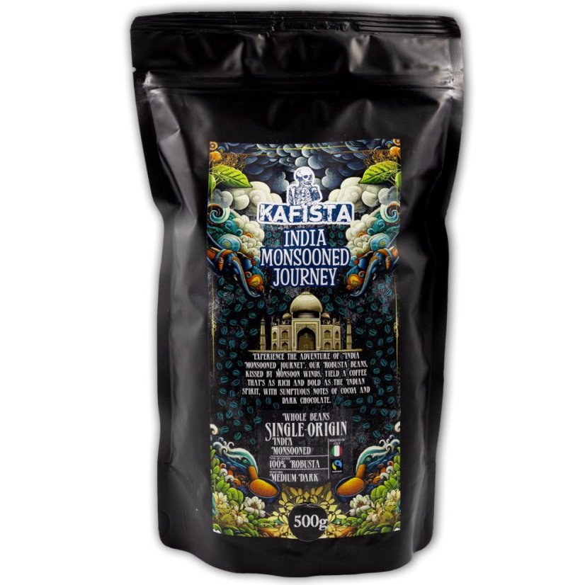 Zrnková káva "India Monsooned Journey" - zpracování monzunováním - 100% Robusta - Fairtrade - vhodné na espresso a plně automatické kávovary – foto 4