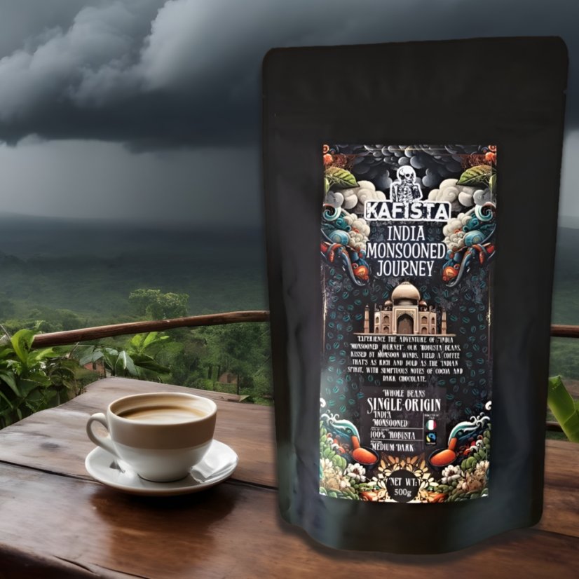 Zrnková káva "India Monsooned Journey" - zpracování monzunováním - 100% Robusta - Fairtrade - vhodné na espresso a plně automatické kávovary – foto 2