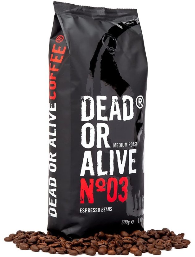 Zrnková káva DEAD OR ALIVE 500G velmi silná Italská káva pro plně automatické kávovary 534 mg kofeinu